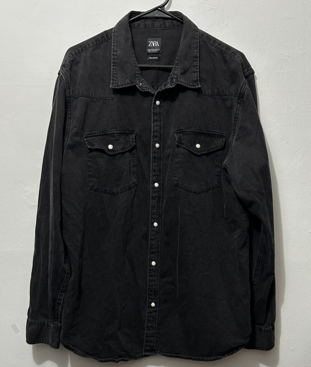 Zara Women’s XL Black Washed Denim Western Shirt Relaxed Fit Pearl Snap Urban